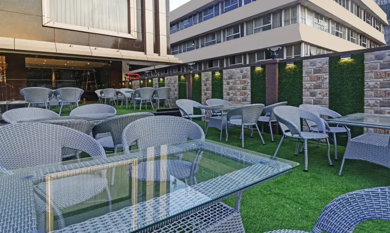 Rooftop terrace seating by day